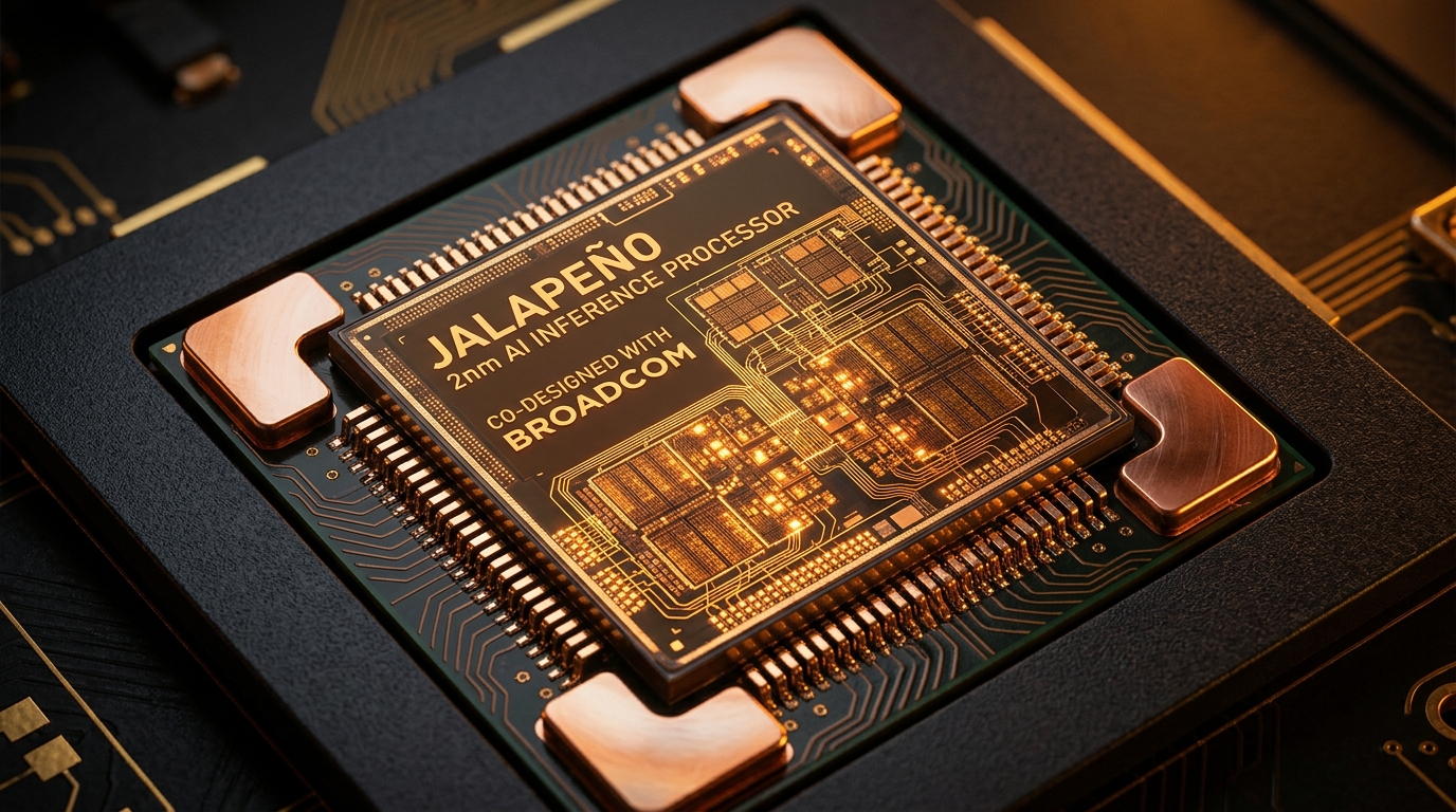 Macro photograph of the Jalapeño 2nm custom AI inference processor die co-designed by OpenAI and Broadcom, displaying glowing warm amber neural buses, golden circuit routing, and copper heat spreaders against warm charcoal background