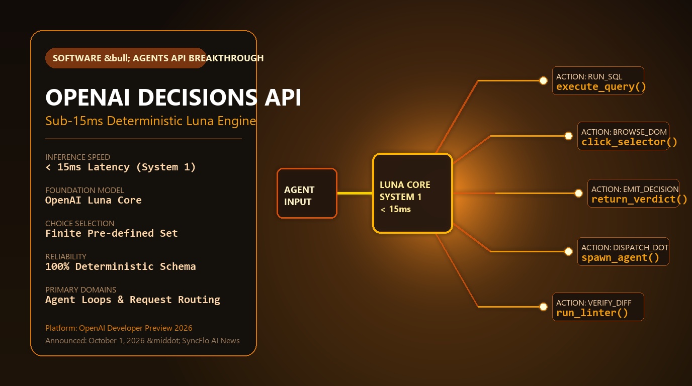 OpenAI Decisions API powered by the Luna System-1 engine, illustrating deterministic sub-15ms decision tree branching and autonomous agent routing