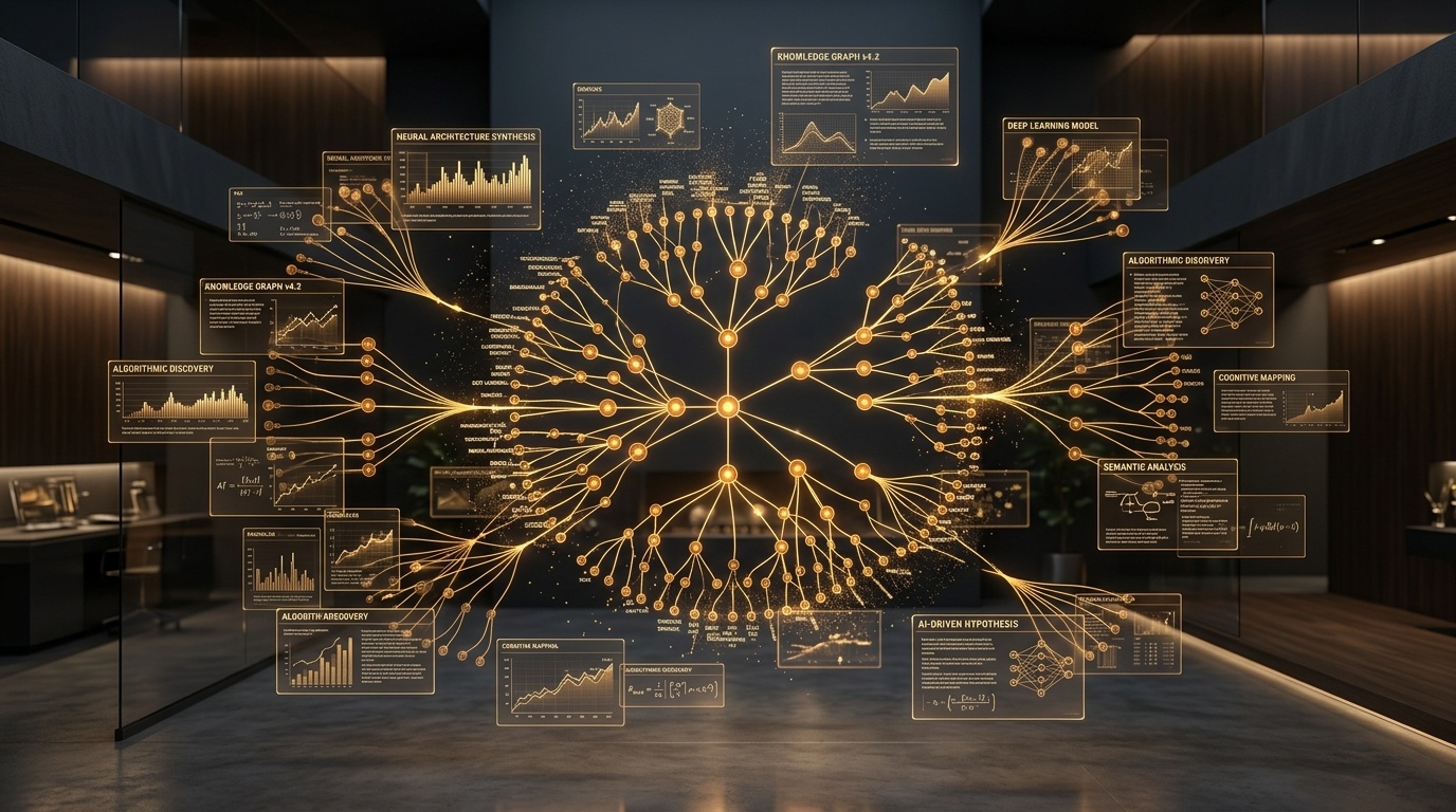 Futuristic concept visualization of OpenAI Deep Research agent autonomously synthesizing enterprise knowledge and web data in warm amber tones