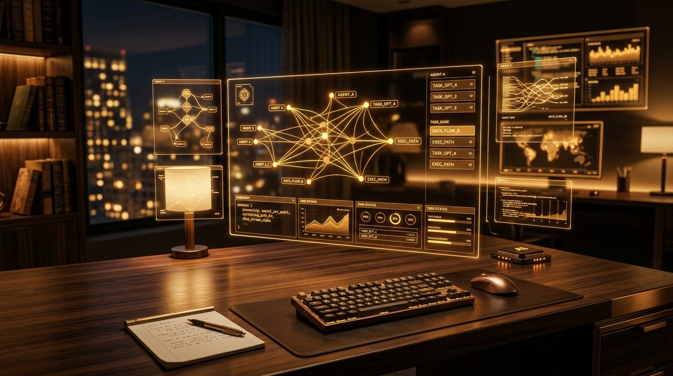 Photorealistic visualization of an autonomous AI agent workspace featuring glowing warm amber holographic execution graphs and bronze workstation terminals