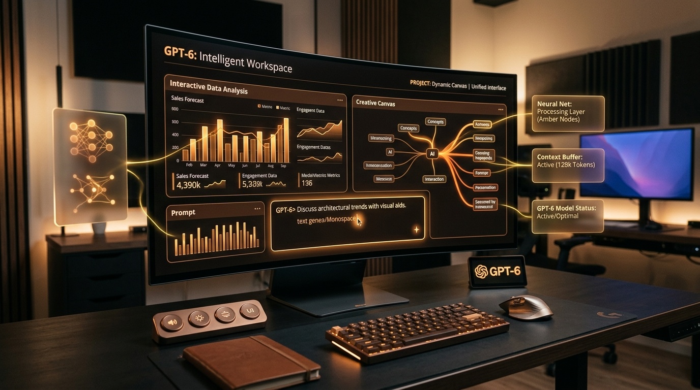Modern digital workstation exhibiting OpenAI GPT-6 with Intelligent UI dynamically rendering interactive canvas widgets, floating amber and golden translucent calculation modules, and responsive charts on a sleek desk