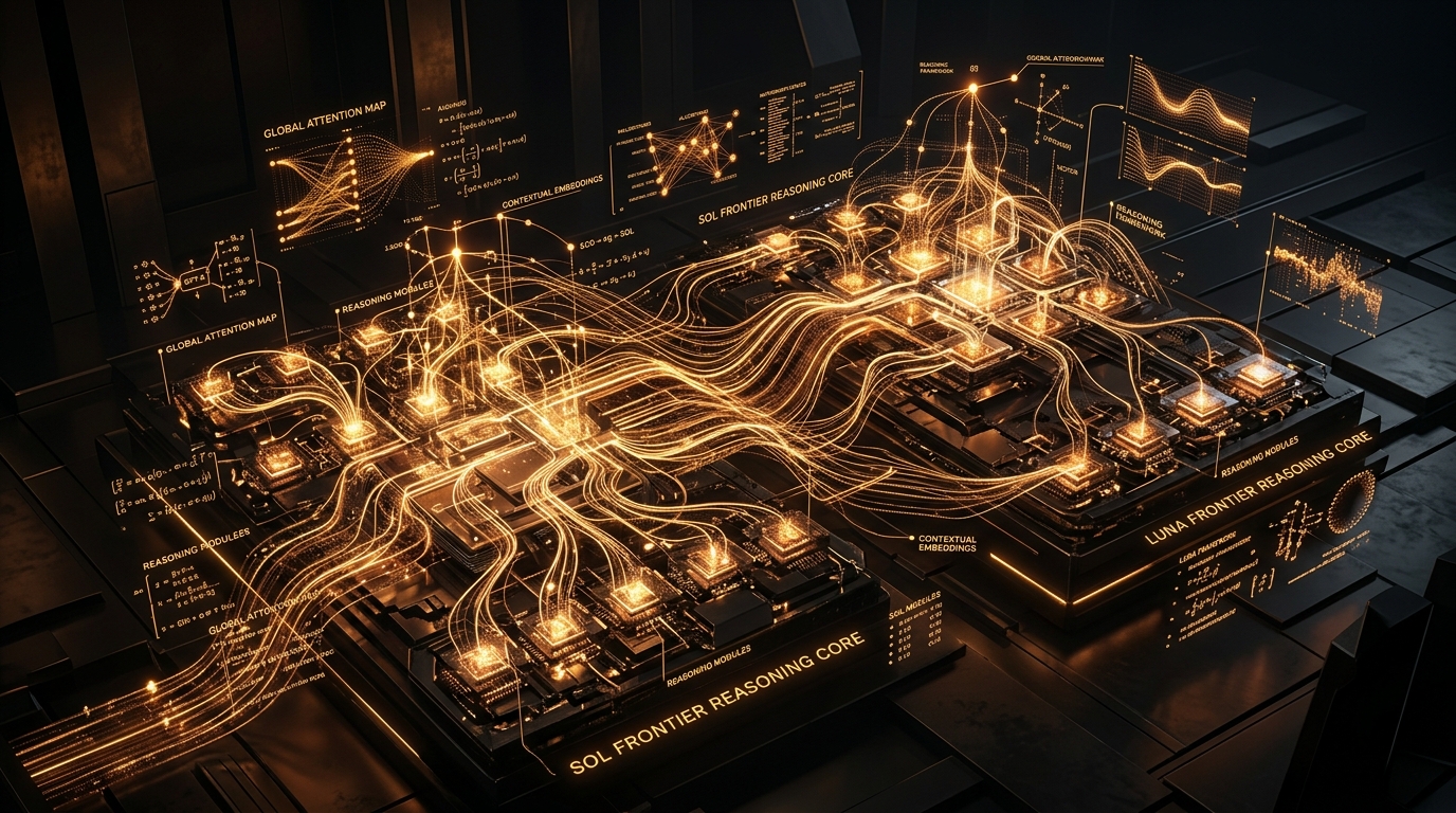 Conceptual visualization of OpenAI GPT-6 Sol and Luna frontier reasoning neural network architecture with glowing golden amber and bronze computational pathways
