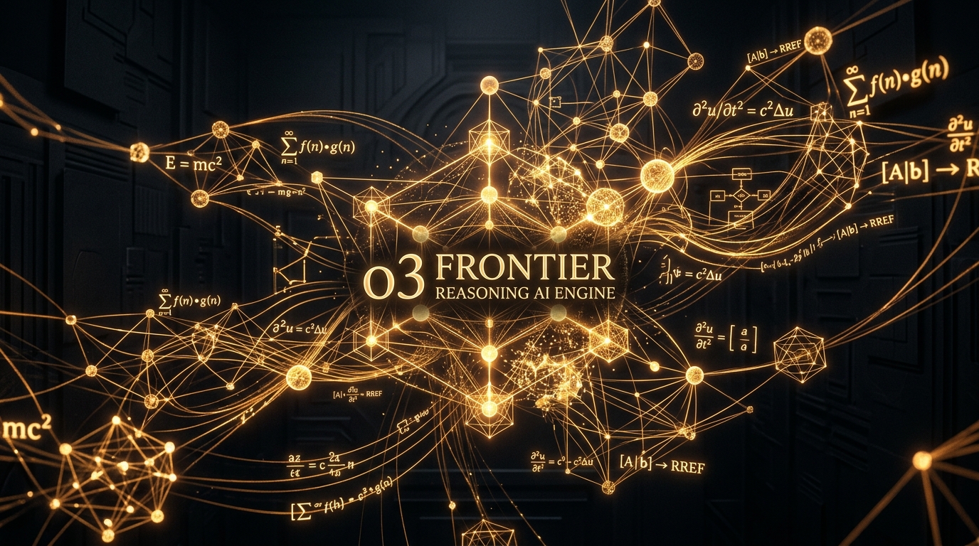OpenAI o3 frontier reasoning neural lattice illuminated with glowing warm gold and amber mathematical geometric proofs