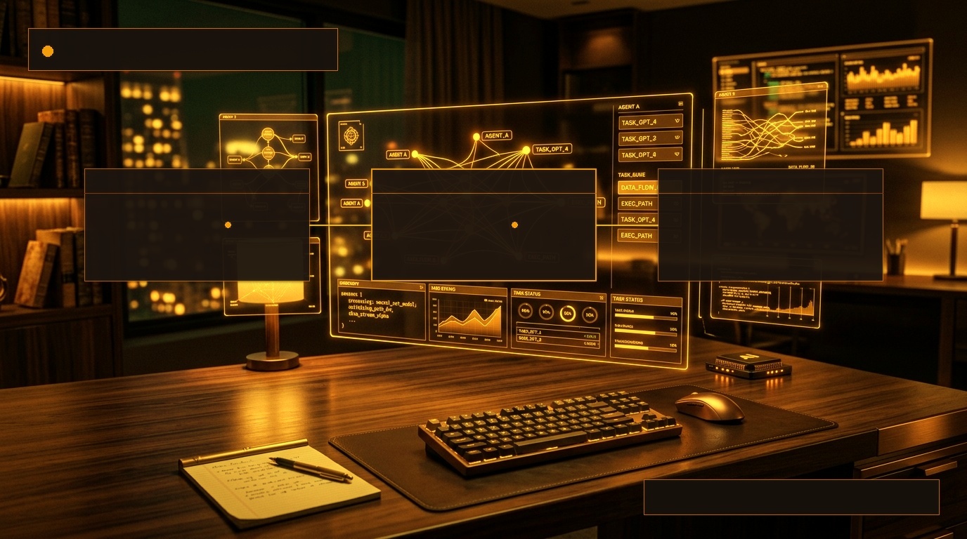 Cinematic visualization of OpenAI Operator Studio showing autonomous agent navigation pathways, glowing amber UI wireframes, cryptographic security tokens, and molten gold enterprise workflow nodes