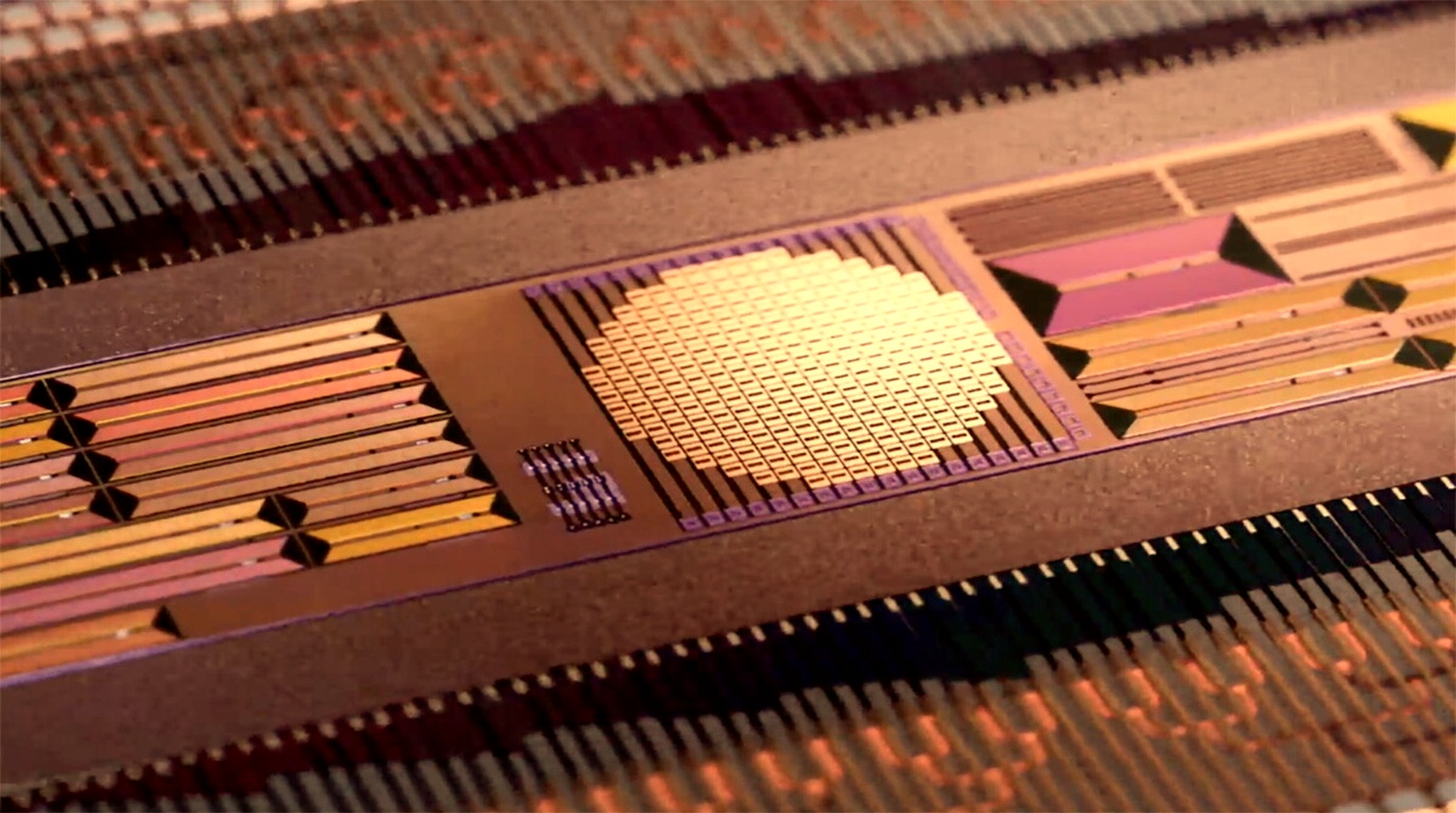 Silicon photonics AI accelerator chip with optical waveguides glowing in gold and amber