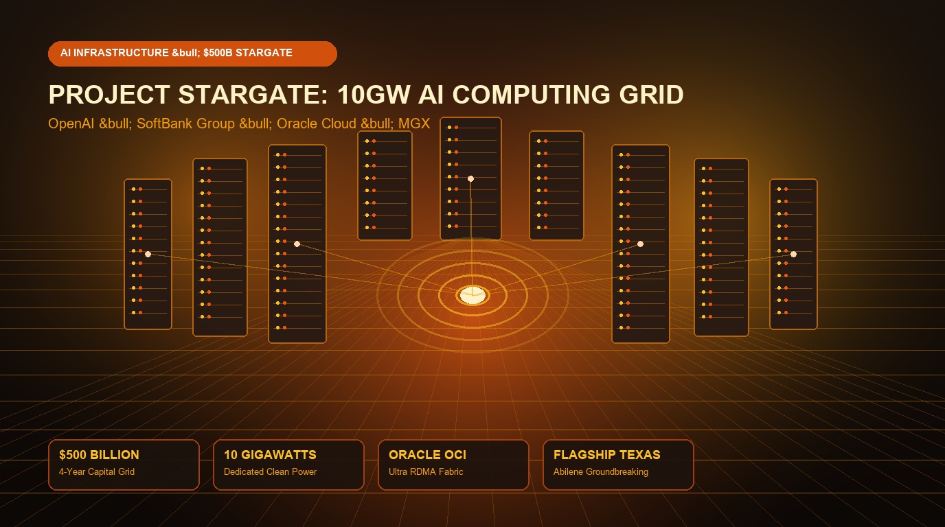 Futuristic hyper-scale supercomputing data center campus illuminated by warm amber, copper, and golden fiber-optic luminescence