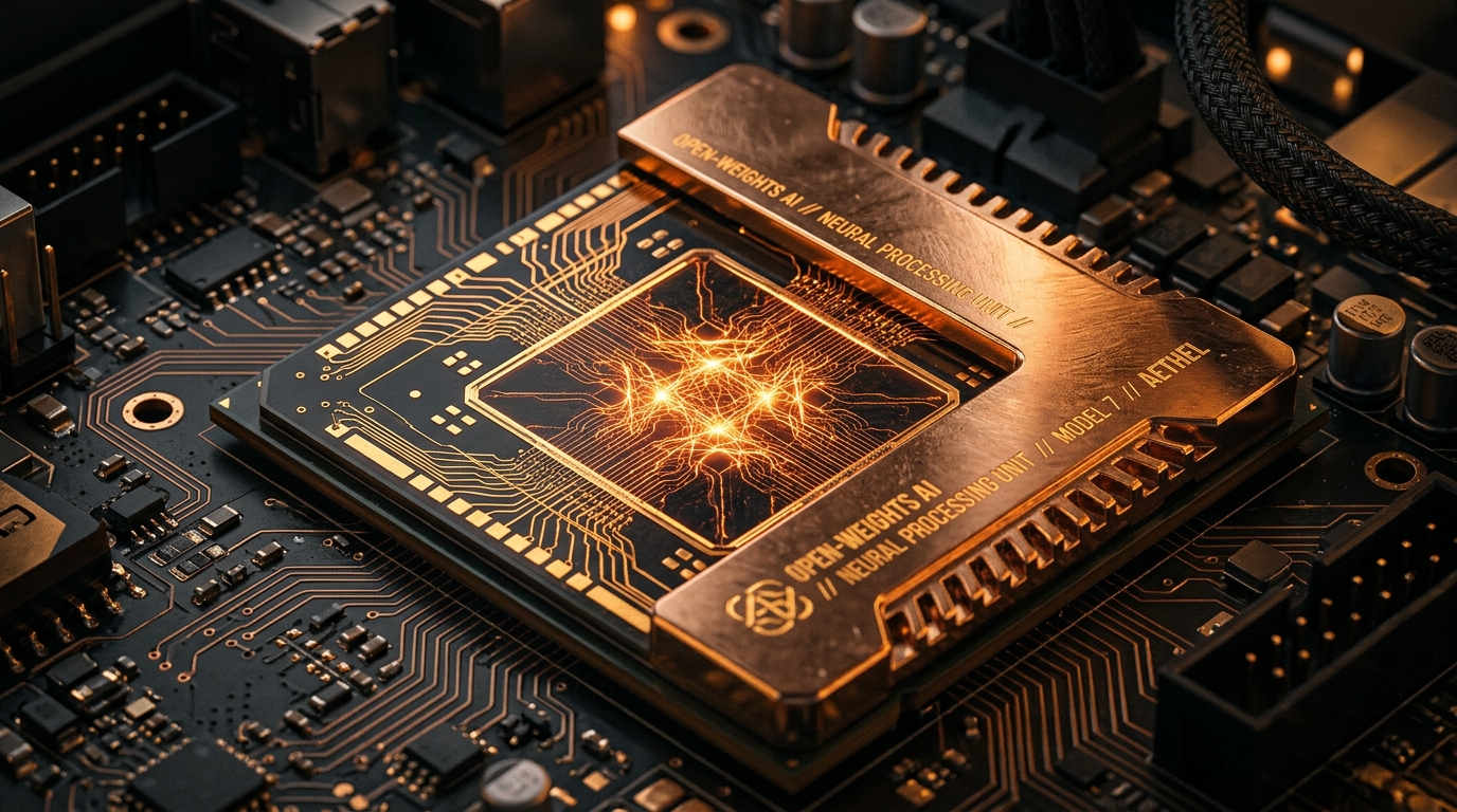 Macro studio photograph of an open-weights neural processing silicon substrate with glowing warm amber and copper circuitry traces, golden bus routes, and polished bronze heat sink