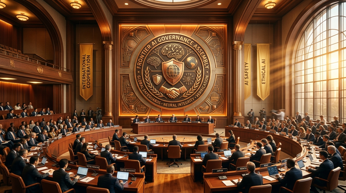 Frontier AI Governance Assembly hall featuring a polished gold and bronze architectural relief seal illuminated by warm amber spotlights and morning sunlight