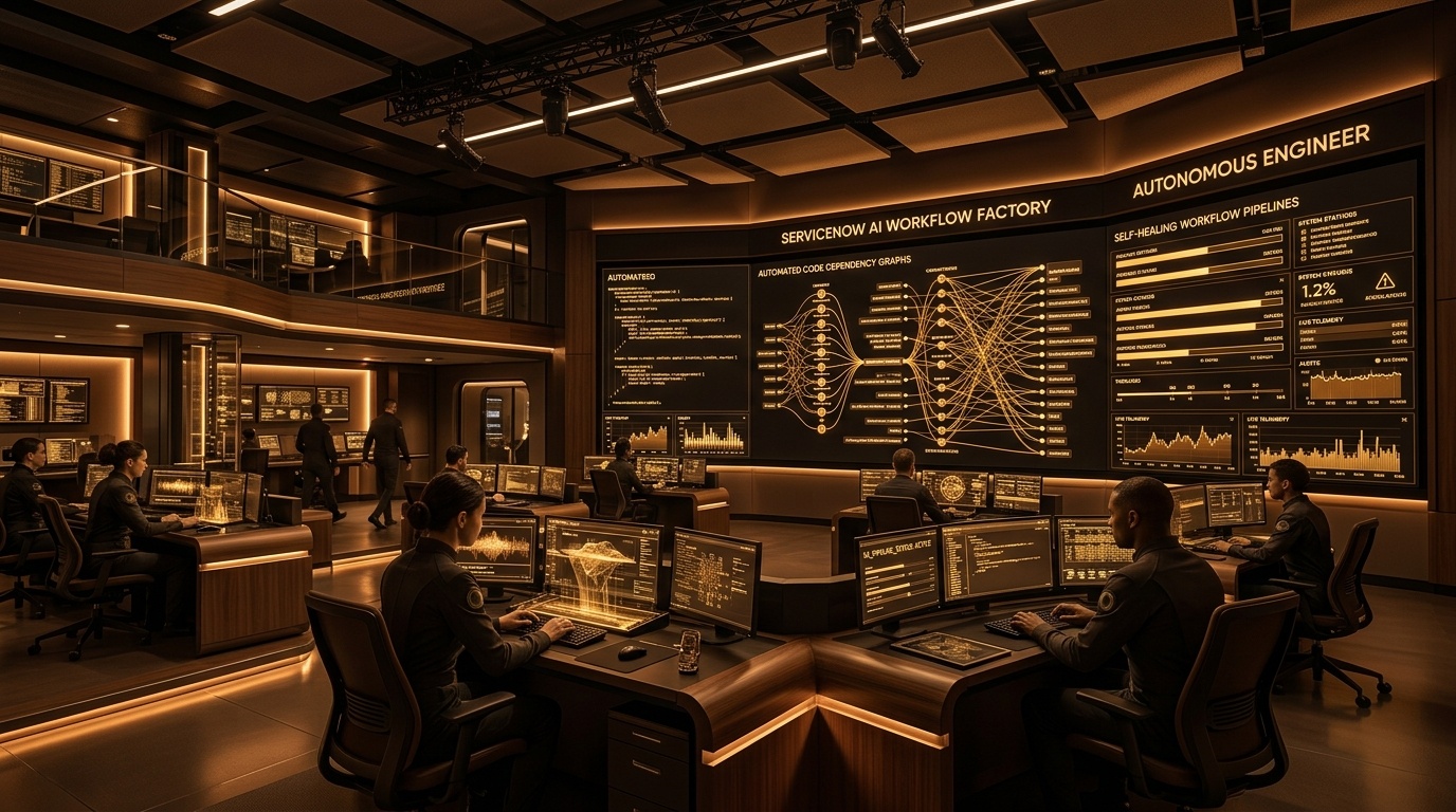 Futuristic enterprise operations control center displaying ServiceNow AI Workflow Factory and Autonomous Engineer, holographic screens showing automated code dependency graphs and self-healing workflow pipelines
