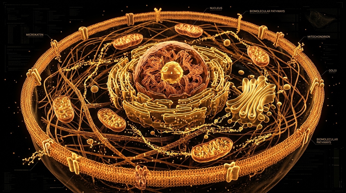 High-resolution scientific visualization of a digital biological virtual cell simulation, displaying intricate glowing amber and golden subcellular organelles, warm copper chromatin structures, and biomolecular pathways modeled by foundation AI