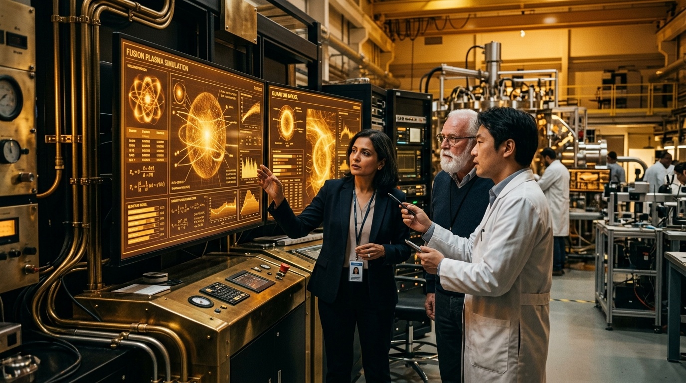 Cinematic documentary photograph inside a U.S. national laboratory facility, showing lead scientists evaluating nuclear fusion and quantum simulations powered by Anthropic Claude under the White House Genesis Mission