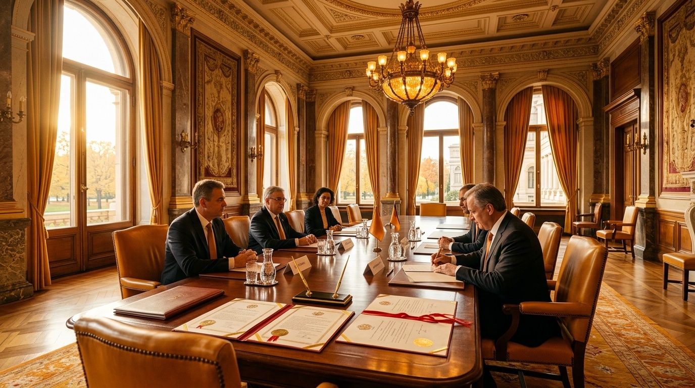 Stately diplomatic conference room in a grand government building bathed in warm late afternoon sunlight, polished mahogany wood table with formal treaties and golden seals