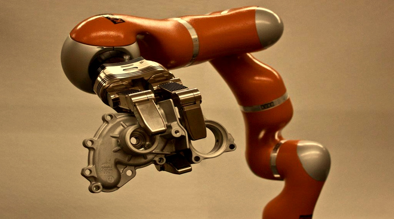 Robotic manipulation interacting with 3D world model in warm amber and gold