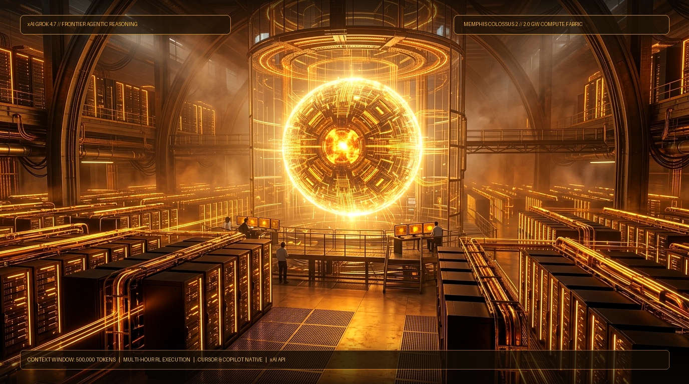 Cinematic visualization of the xAI Memphis Colossus 2 supercomputing facility illuminated in warm golden amber and bronze glow with floating holographic telemetry